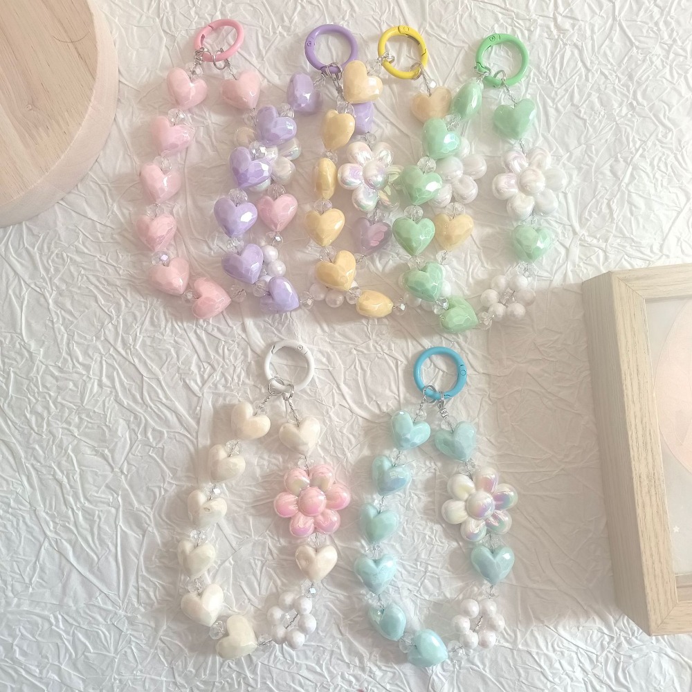 Cute Plastic Phone Charm Heart Shape Colorful Bead Bag Pendant Flower Shape Key Chain Key Hanging