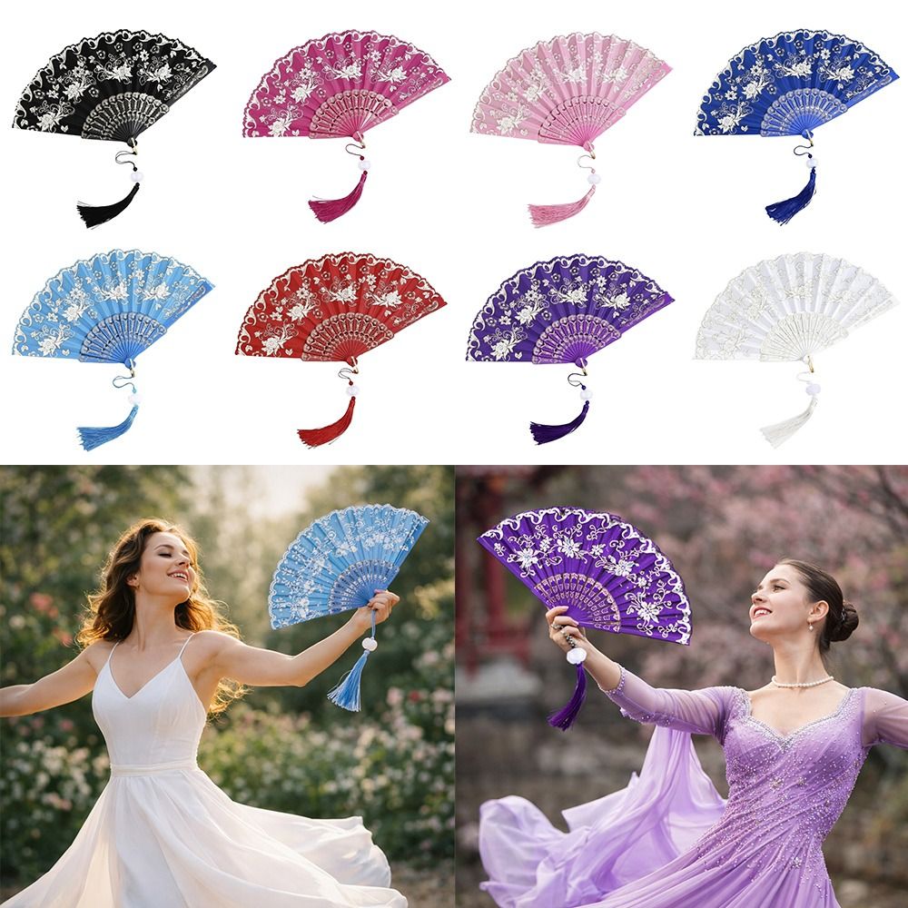 Elegant with Tassel Vintage Silk Folding Fan Flower Carving Hot Stamping Dance Hand Fan Chinese Style Fan Home Decoration