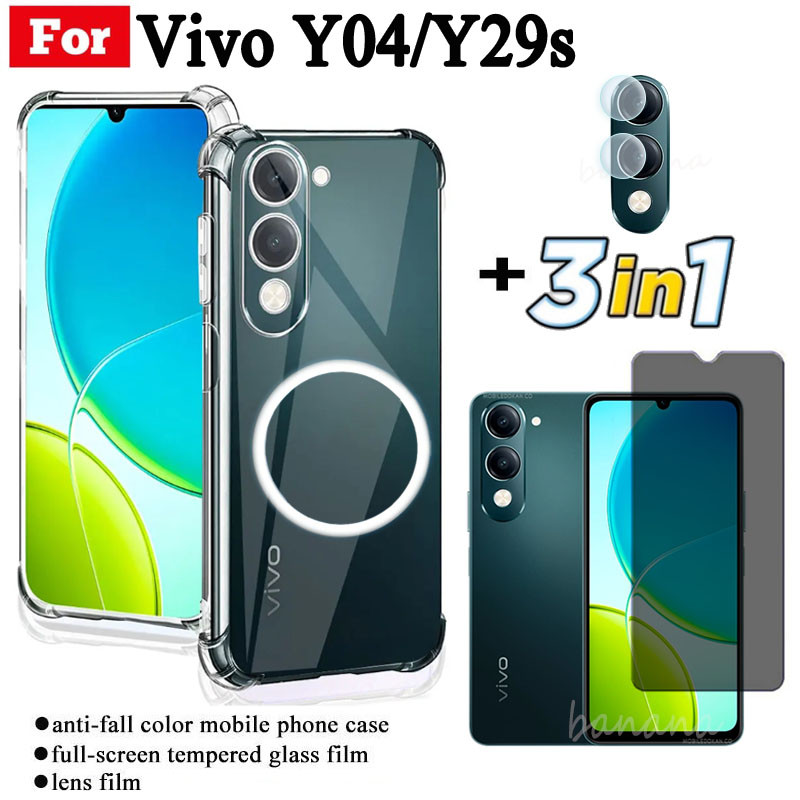 Xiaomi Poco M7 4G Transparent TPU Shockproof Phone Case With Magnetic Wireless Charging Sticke for Poco C85 C75 Anti Spy Privacy Tempered Glass + Lens Film