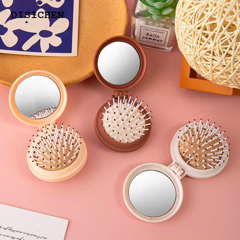 DISICHEN Fifty percent discount Folding Comb Mirror Mini Pocket Haircomb Folding Massager Hair Brush Round Hair Comb With Mirror Folding Hairbrush Women Beauty
