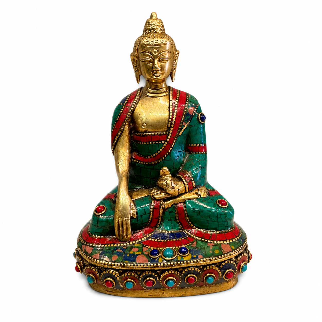 Master Crafted Brass Buddha Statue - Full Body Gemstone Inlay Lotus Throne 17cm