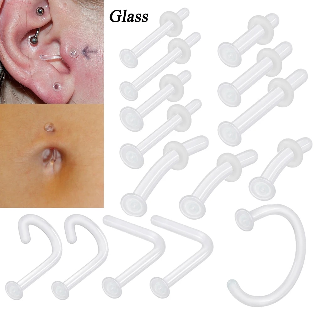 New 1PC Glass Nose Helix Studs Transparent Straight Curved with O-Ring Prevent Allergy Nariz Tragus Navel Piercing Body Jewelry