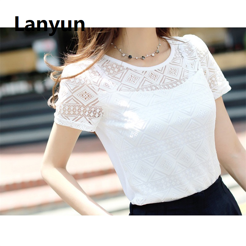 Lanyun New Women Clothing Chiffon Blouse Lace Crochet Female Korean Shirts Hot Selling Ladies Blusas Tops Shirt White Blouses Slim Fit Tops 2024
