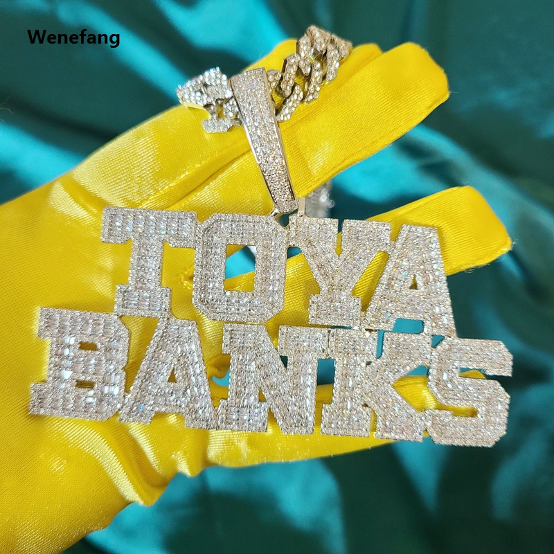 Wenefang Custom Name Necklace AAA Zirconia Baguette Letters With Big Hoop CubanChain Pendant For Men Women Hip Hop Jewelry