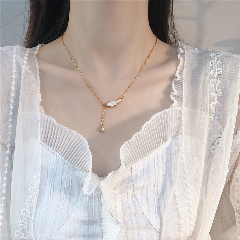 Adjustable Size Gorgeous Angel's Wings Mother Pearl Zircon Pendant Gold Plated Necklace Jewelry