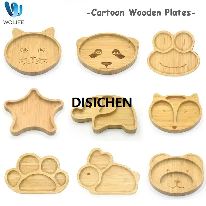 Lanyun Baby Frog Wooden Dinner Plate Baby Feeding Bowl Children Feeding Portable Tableware With Silicone Suction Cup Wooden Cartoon Dinner Plate