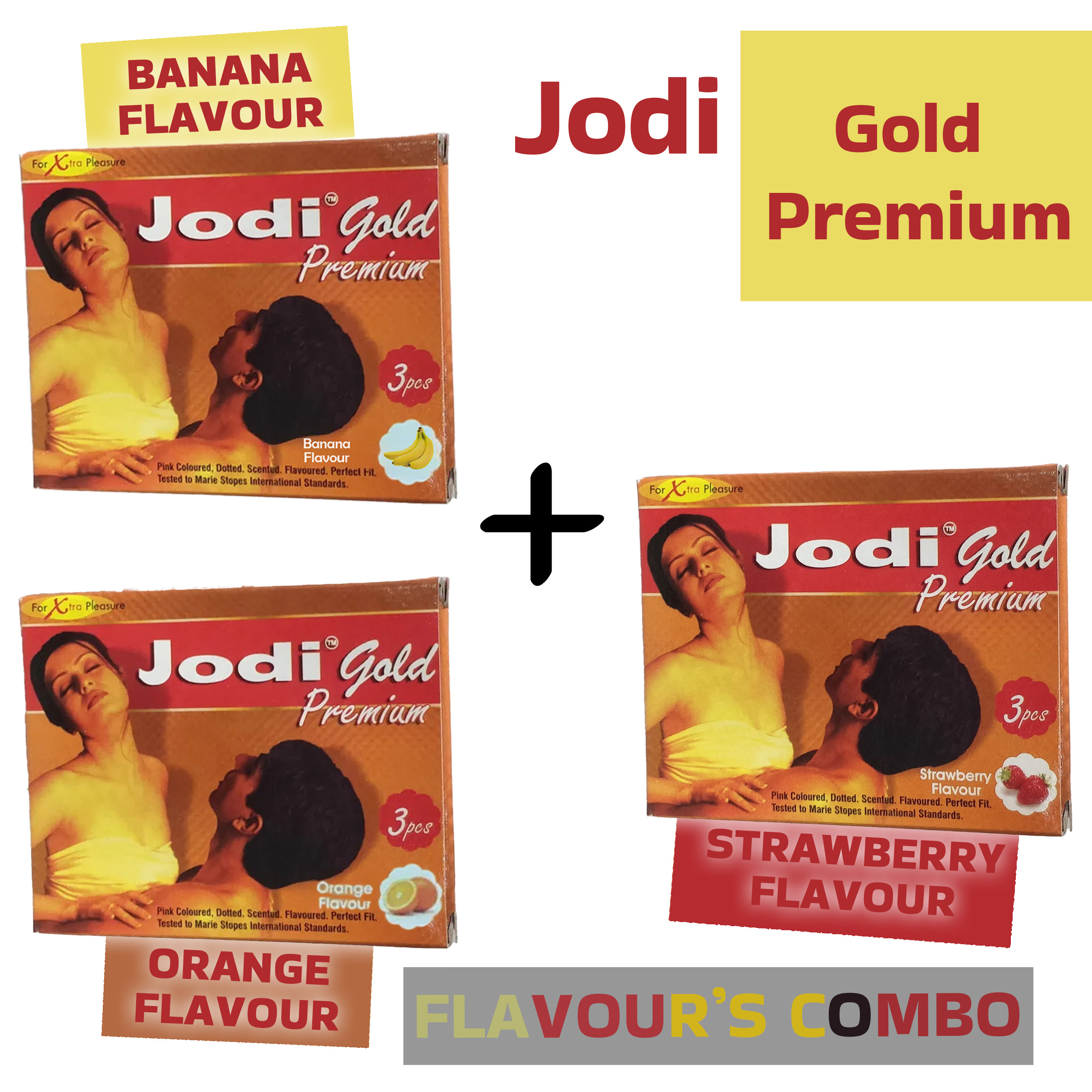 Jodi Gold Premium Condoms Combo - 3 Pcs Per Pack - (Set of 3 Flavoured Packs)
