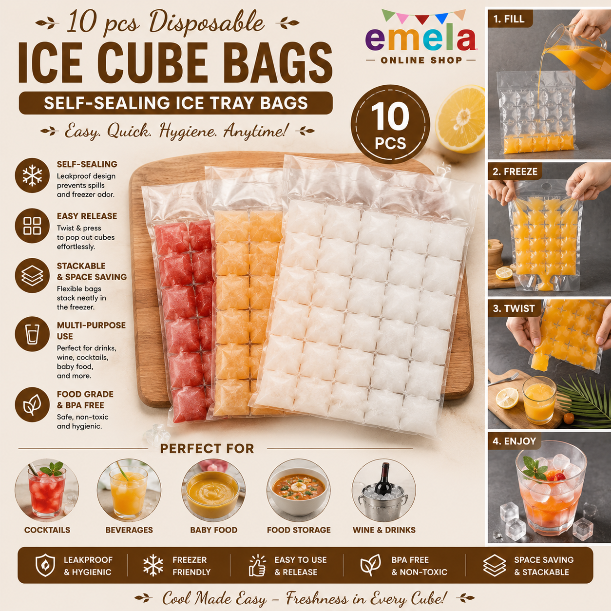 10 pcs Disposable Ice Cubes, ice Cube ice Pack self-Sealing ice Tray Bag Freezer Bags Stackable Easy Release Ice Cubes Mold Trays Suitable for Cocktail Food Wine Homemade Beverages