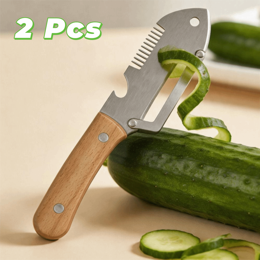 2 Piece Durable Fish Head Shape 3 in Vegetable Peeler Non-slip Stainless Steel Scallion Slicer Ergonomic Wood Handle Sugarcane Peeler Fruit Shop
