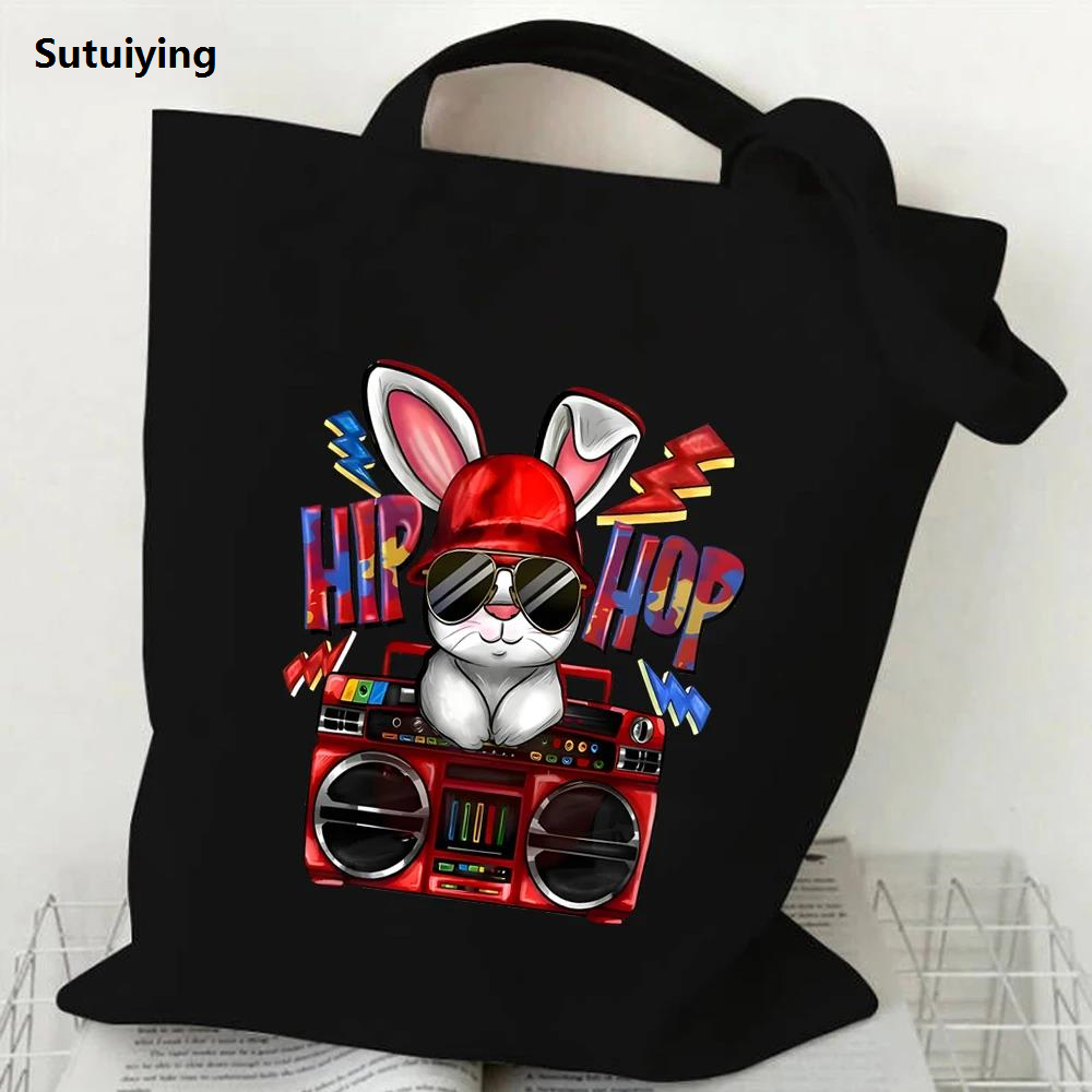 Sutuiying Hip Hop Radio Bunny Tote Bag Women Men Harajuku Fashion Rabbit Shopper Hot Selling Eco Canvas Shopping Bag Cartoon Punk Bunny Teen Handbags