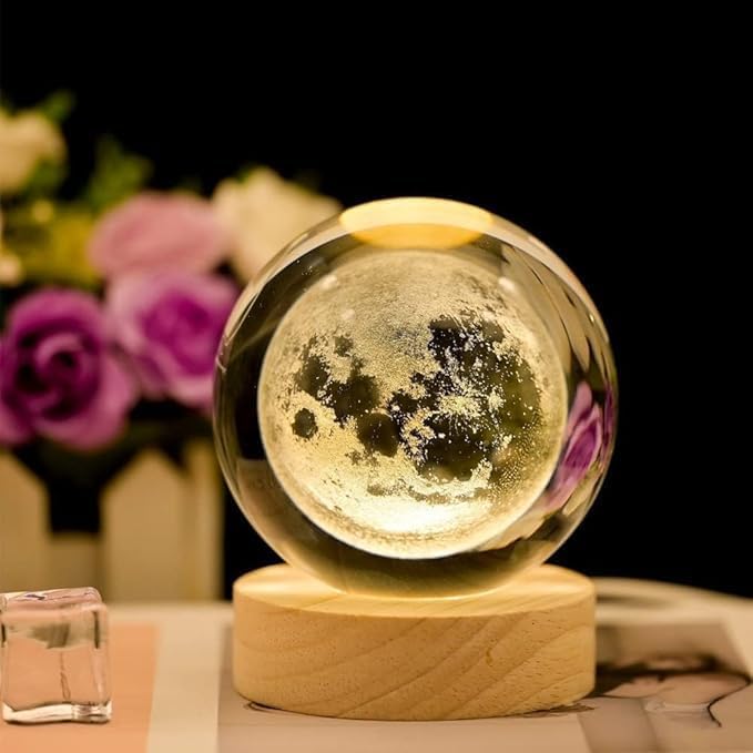 3D Crystal Ball Moon Design Night Lamp LED Wooden Base Decorative Gift | Sajha Cart Gift Shop