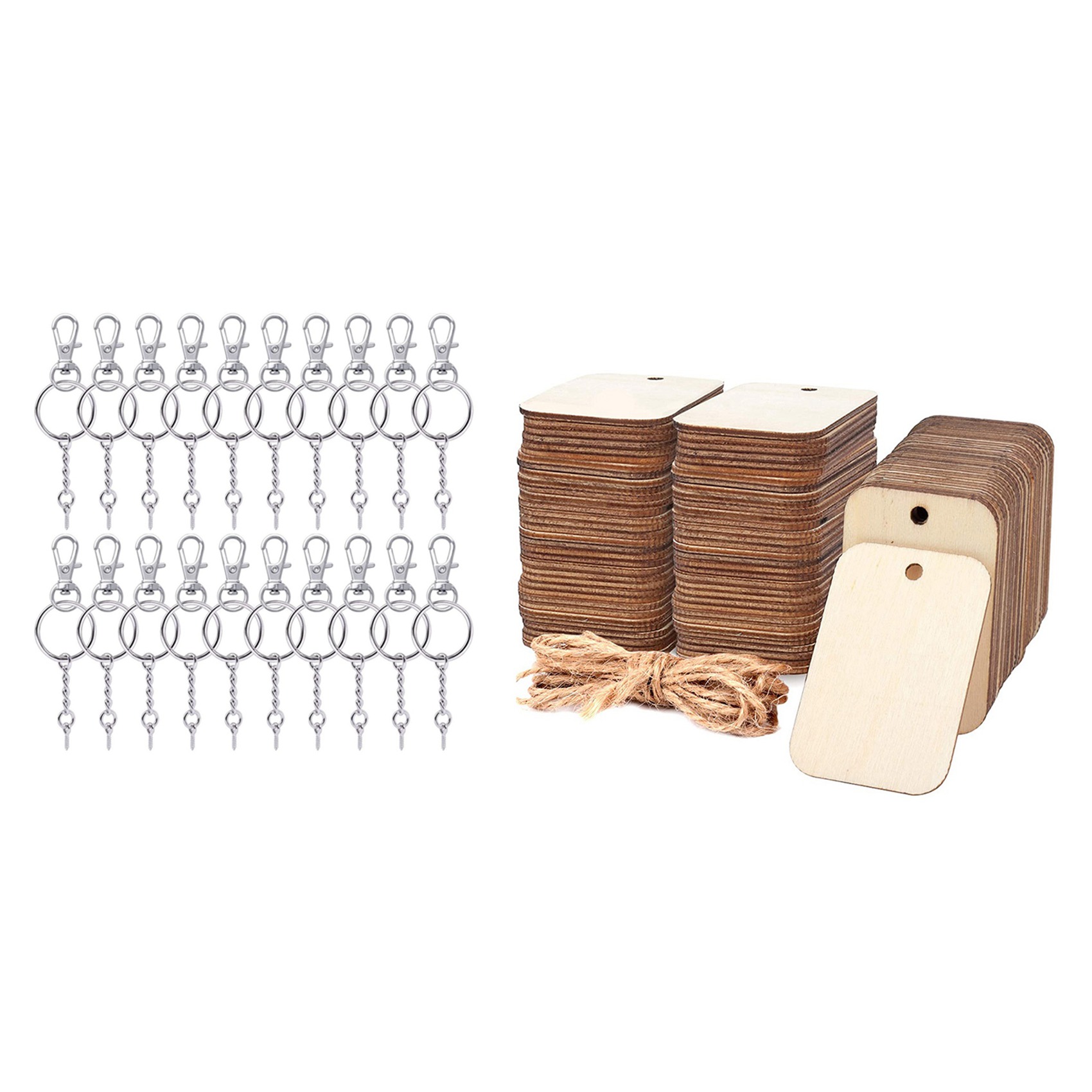 NAMUNY 1 Set Snap Hook Lobster Claw Clasp and Key Rings with Screw Eye Pins & 100 Pcs Round Corner Wooden Cutouts