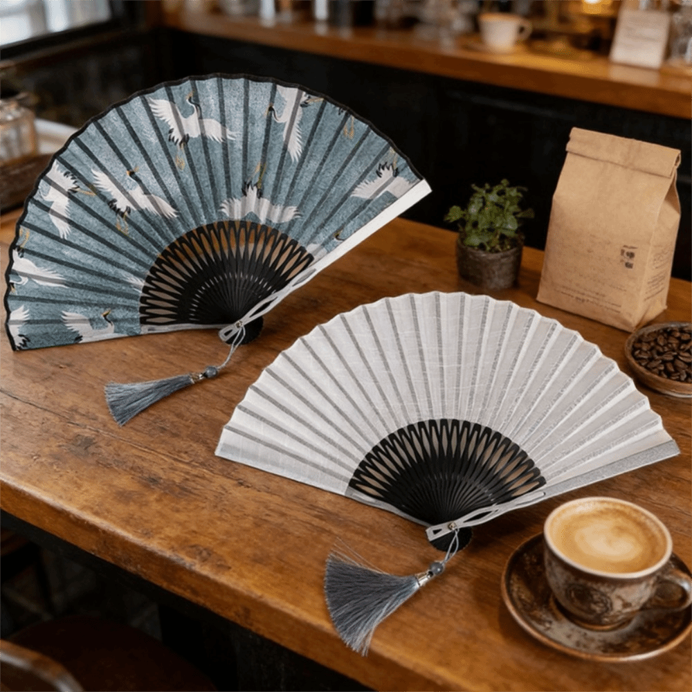 Simple Luminum Alloy Side Bone Chinese Style Folding Fan Fabric Fan Vintage Summer Hand Fan Classic with Tassel Dance Fan Photography Prop