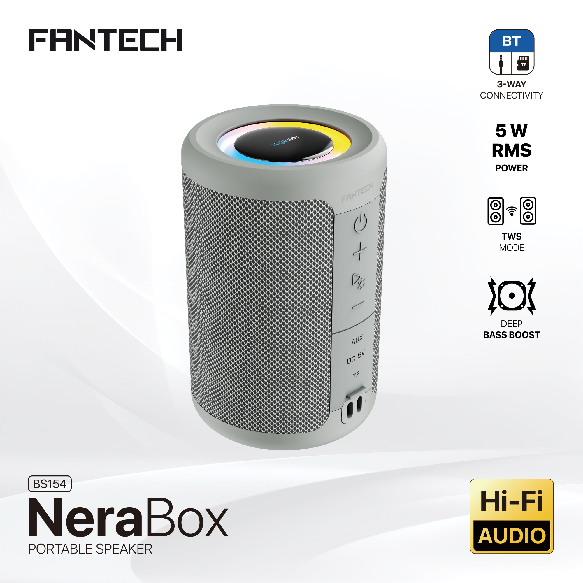 Fantech BS154 Portable BT5.4 Speaker Wireless TWS Stereo TF Card USB Bulit-in Microphone Outdoor Deep Bass 52MM Diver Speaker(GREY)