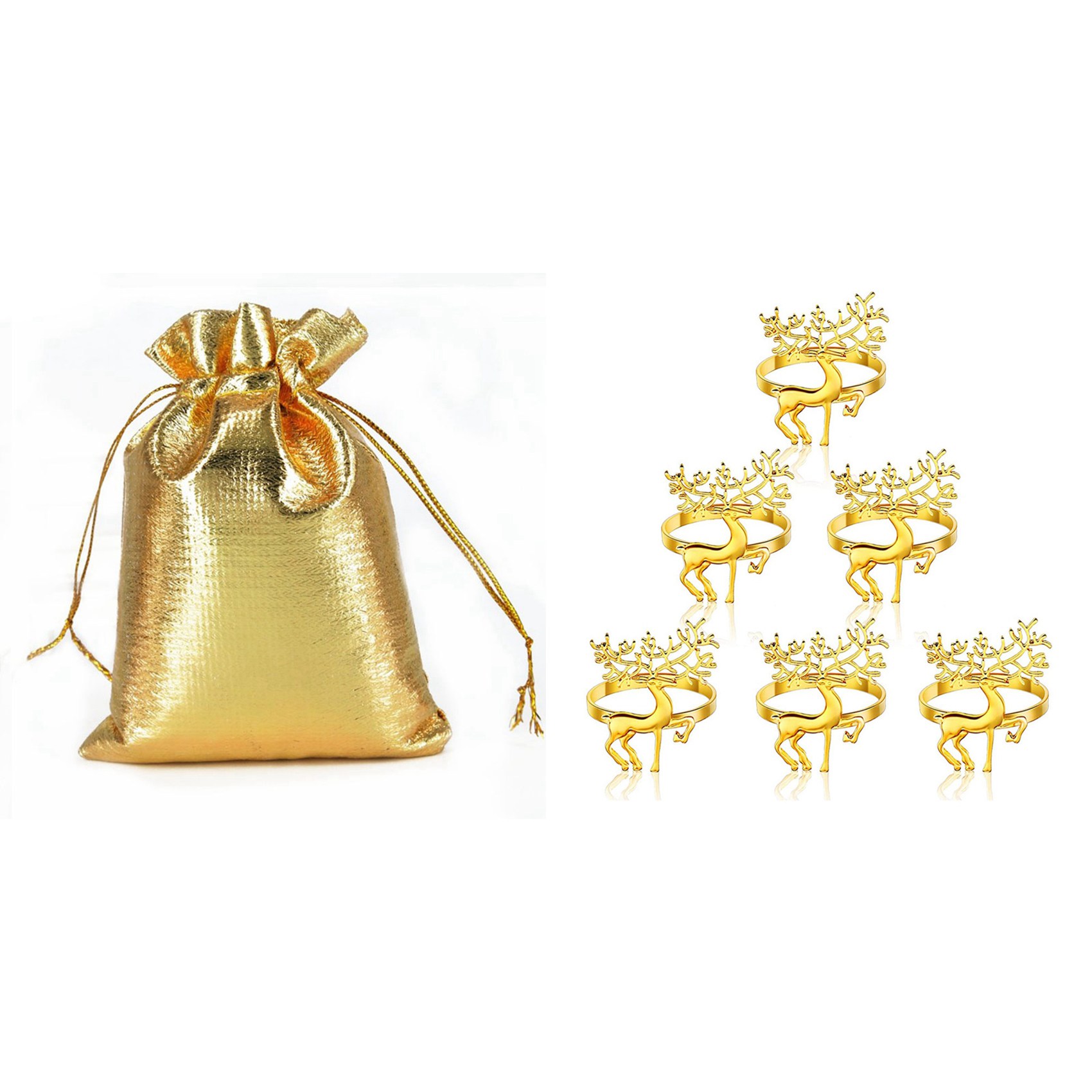 FORIDE 100 Pcs Gold Foil Organza Bag & 6 Pcs Deer Napkin Rings