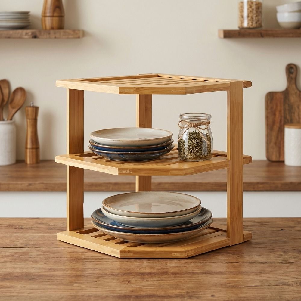 Sturdy Large Capacity 3 Tier Bamboo Corner Shelf Space Saving Simple Dish Drying Rack Stable Cabinet Organizer Tableware