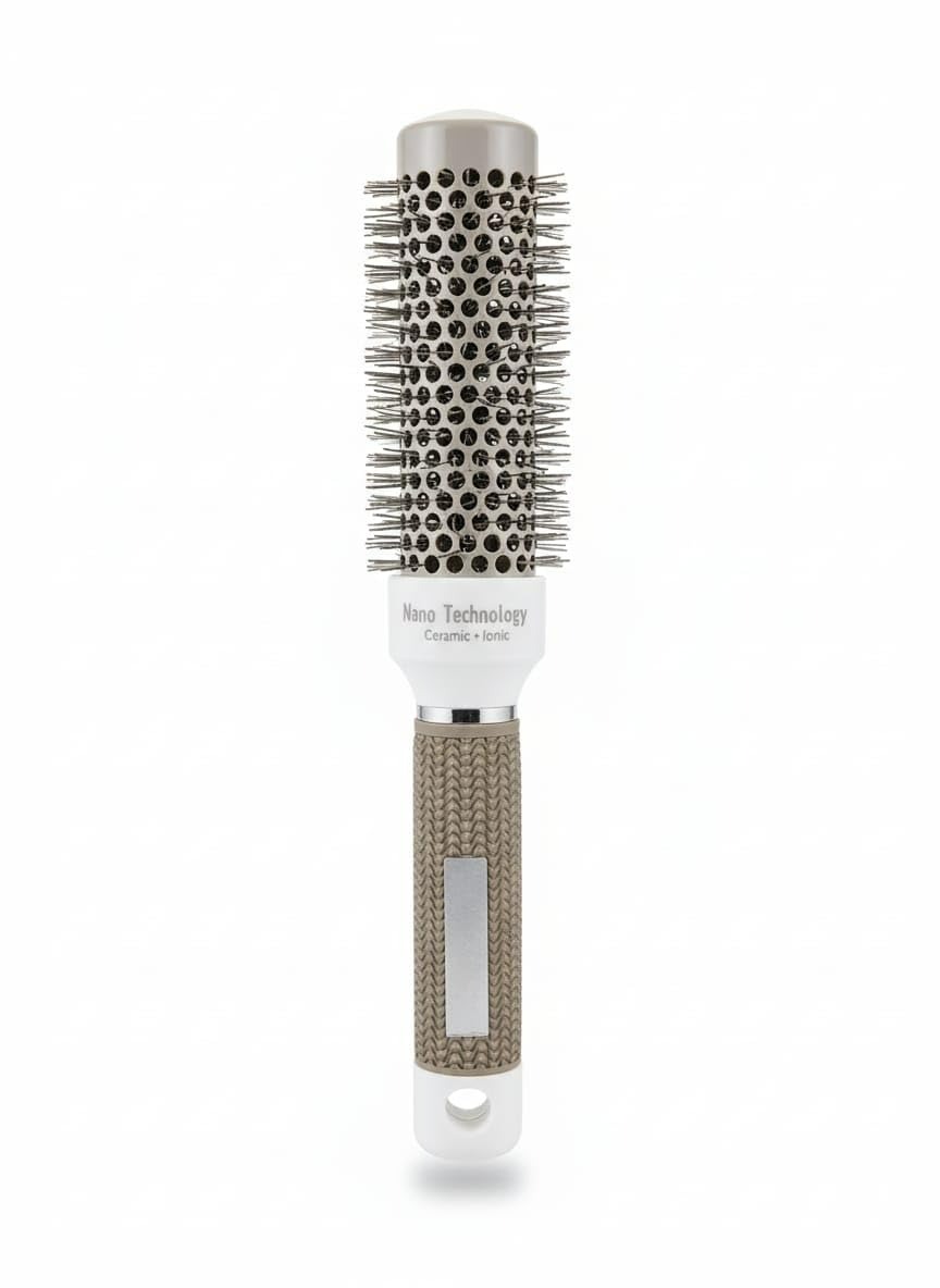 Professional Nano Technology Ceramic Round Hair Brush, Ionic Thermal Barrel with Ergonomic Handle, Silver and Beige 32 mm