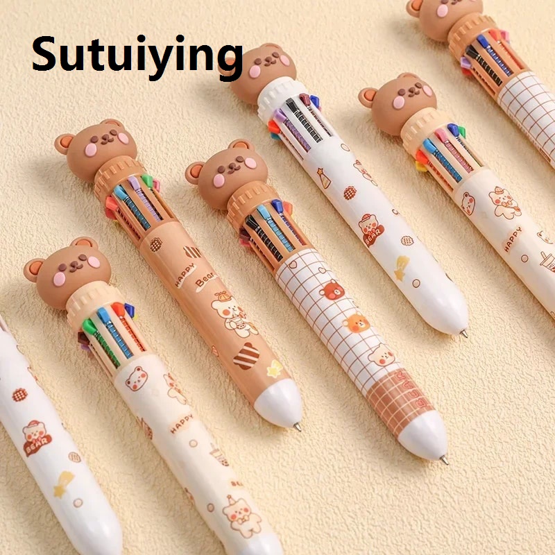 Sutuiying multi cleaning pen 10 Colors Ballpoint Pen Cartoon Bear 0.5mm Colorful Ink Gel Pens Kawaii Chrismtas Pens School Office Supplies Korean StationeryTool Sets