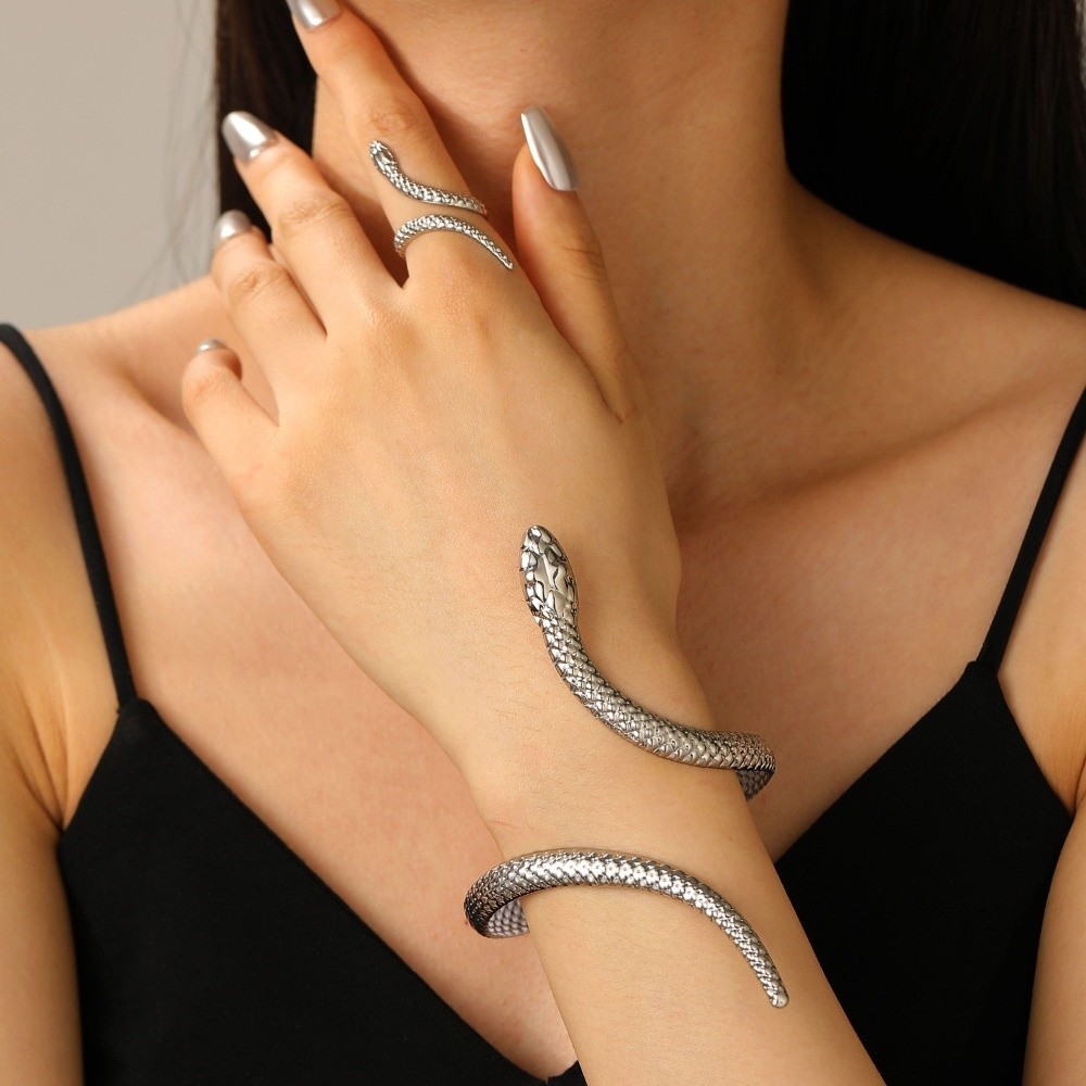 2Pcs/set Fashion Snake Shaped Bracelets Finger Rings Set Jewelry Gifts Gold Silver Color Bracelet Jewelry Set Metal Texture Opening Bracelets