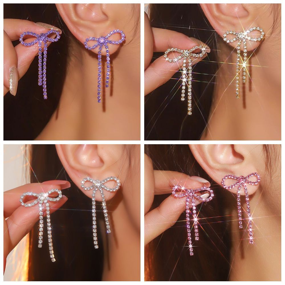 New Personalized Bow Earrings Sparkly Rhinestone Jewelry Accessories Long Dangle Earrings Purple Color Silver Color Bowknot Ear Stud