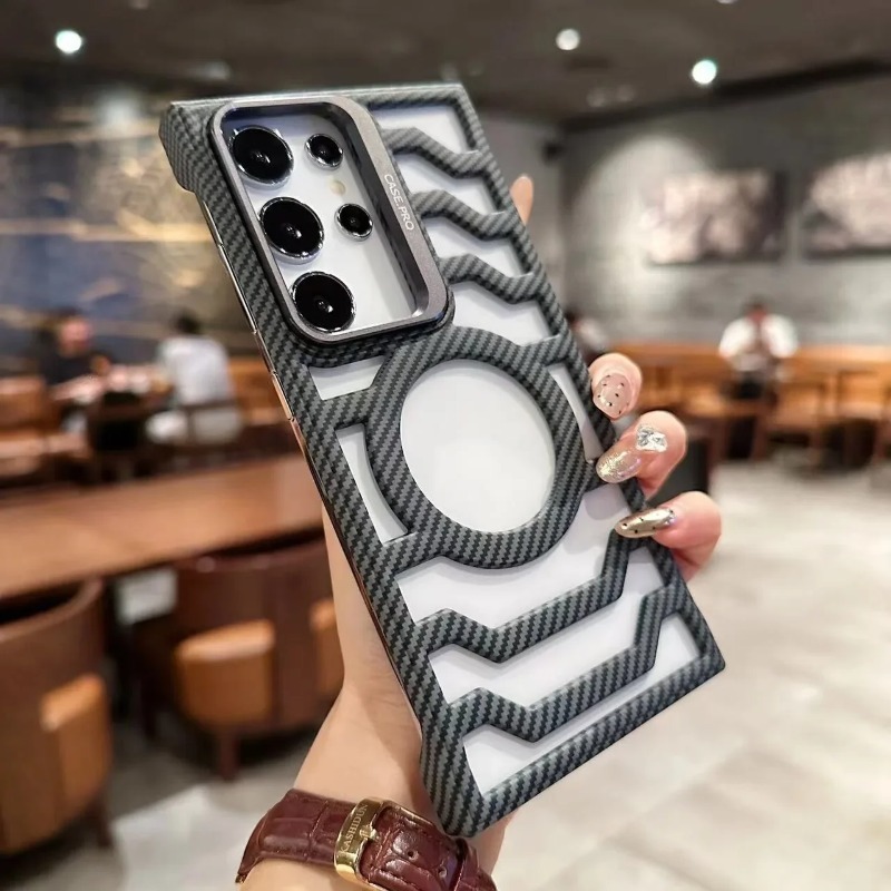 HODON Luxury Carbon Fiber Magnetic Lens Bracket Case For Samsung Galaxy S24 Ultra S24 Plus Cases Borderless Hollow Heat Dissipation Protective Hard Cover