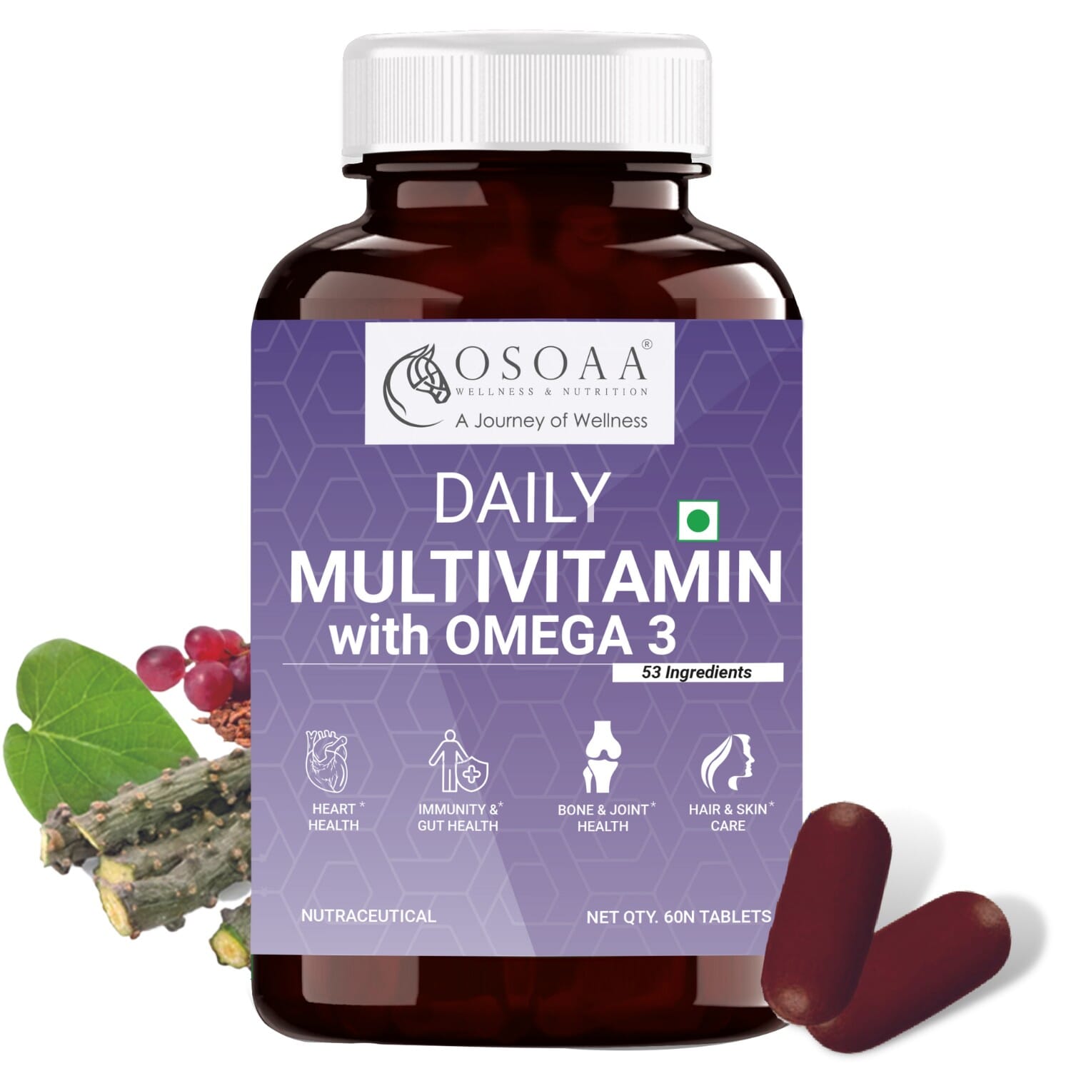 OSOAA Daily Multivitamin With 200mg Omega 3 - 60 Veg Tablets | 52 Ingredients For Family - Men & Women