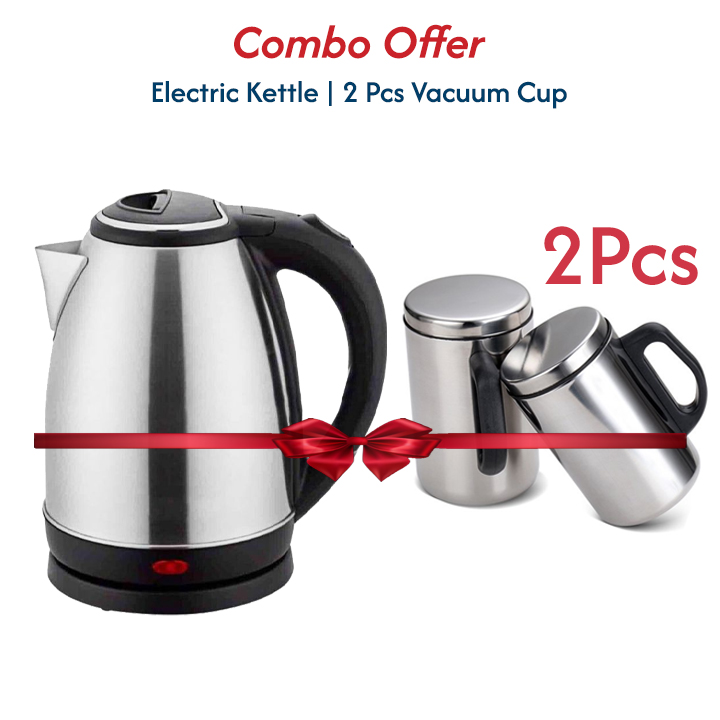 2-in-1 Combo: 1.8L Electric Kettle Stainless Steel 1500W with Auto Shut-Off + 2 Stainless Steel Vacuum Tumblers with Lids & Handles.