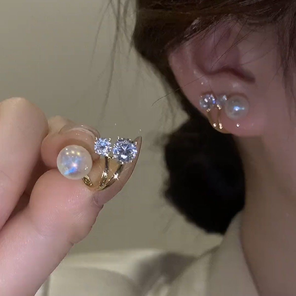 【New Ji Pearl Earrings Women's New Rear Hanging Flash Diamond Two-Wear Earrings Trendy