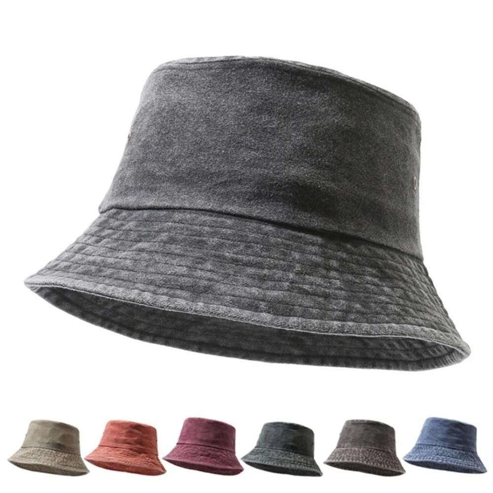 Casual Solid Color Bucket Hat Washed Denim Wide Edge Boonie Hat Foldable Thin Sun Hat Summer