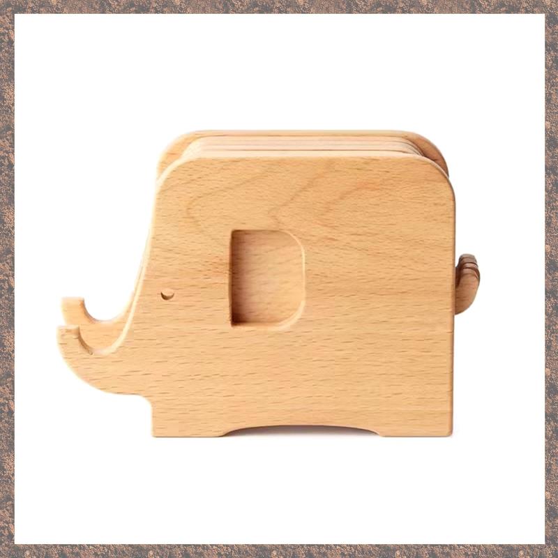 Solid Wood Elephant Cartoon Coaster Solid Wood Coffee Coaster Pot and Bowl Combination Desktop Insulation Pad