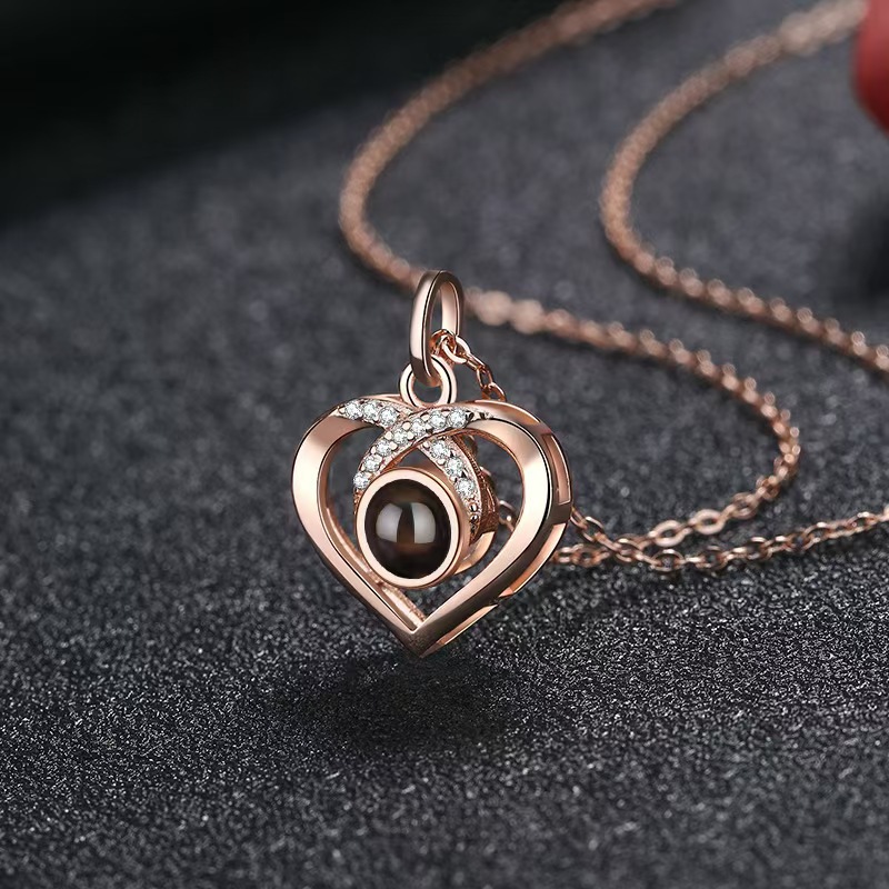 【Mega Sale】S925 Silver 1 karat Love Projection Necklace 100 I Love Heart Pendant Women's Chain