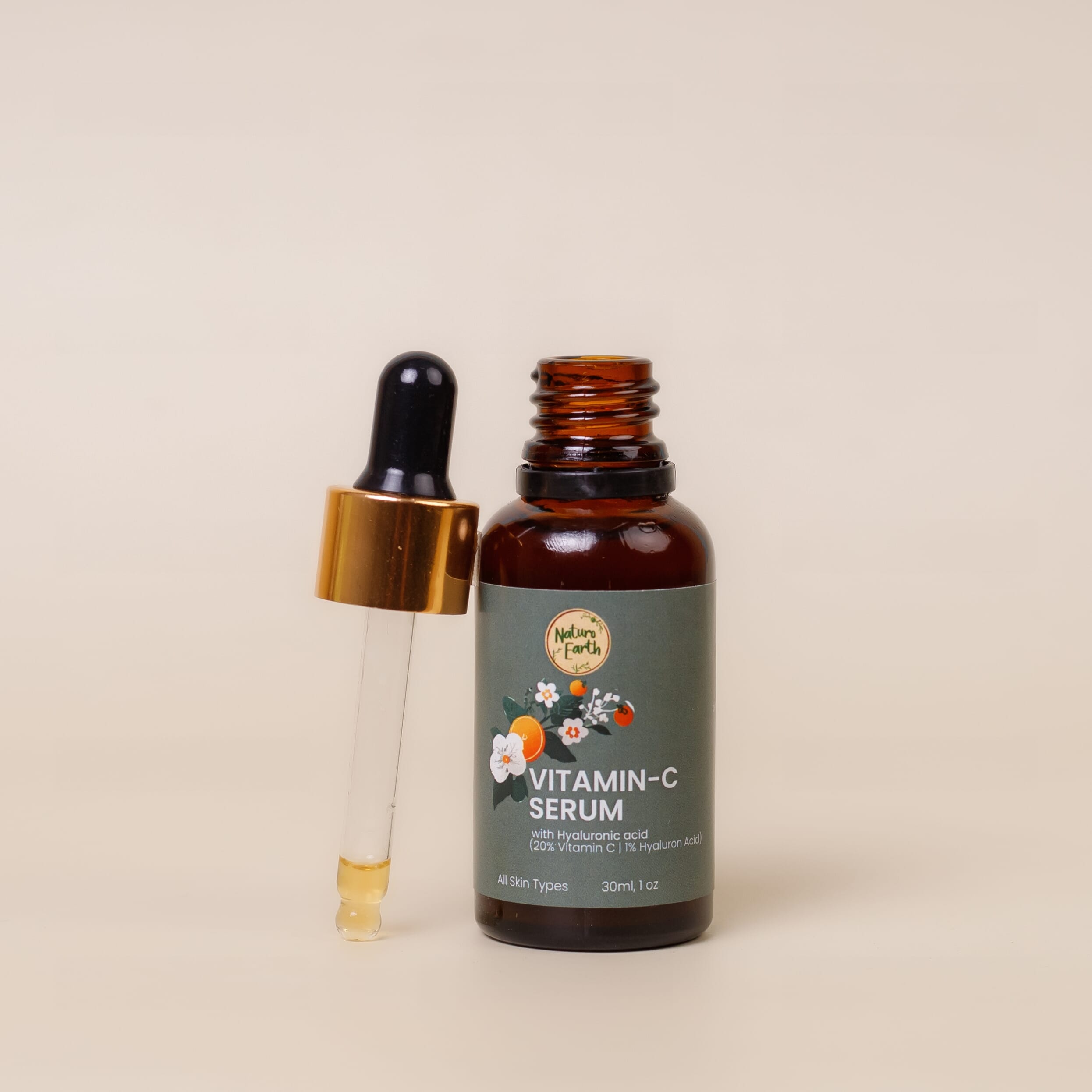 Naturo Earth Vitamin C Serum with 20% Vitamin C and 1% Hyaluronic Acid - All Natural Antioxidant Facial Serum for a Radiant and Even Skin Tone - 30ml