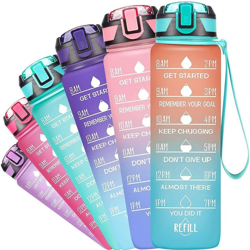 Sports Water Bottle with Straw 1 Litre Leakproof 1000ml with Filter Time Marking BPA Free Tritan Plastic Kids Men Women Cycling Gym Hiking Running