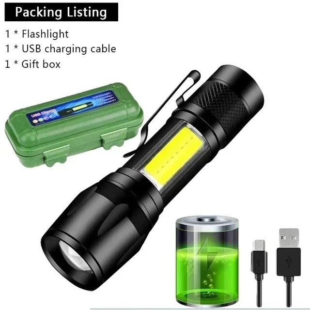 USB Rechargeable Zoomable LED Flashlight XPE COB Mini Torch Lantern 3 Light Modes Aluminum Alloy Camping Emergency Light
