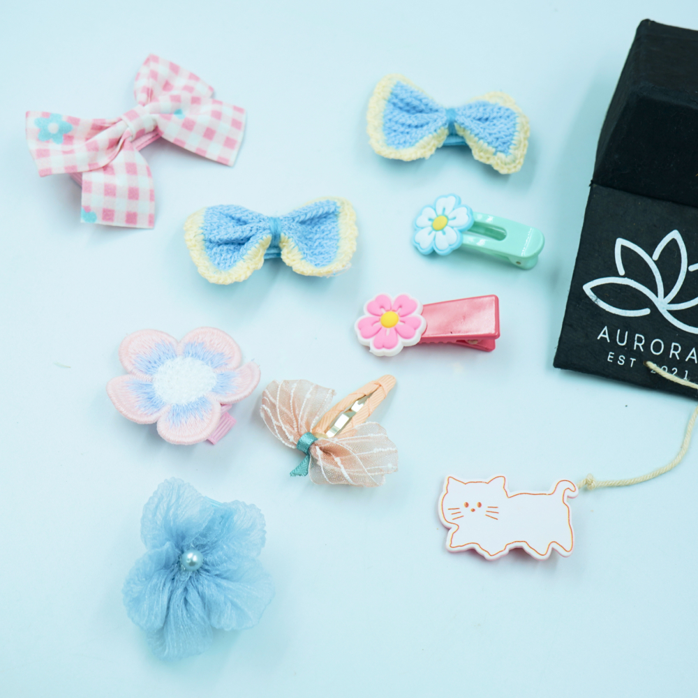 Buy Aurora Kids Hair Clips Collection | Ribbon Design | Blue |Pink 9 pcs in 1 packet | B34