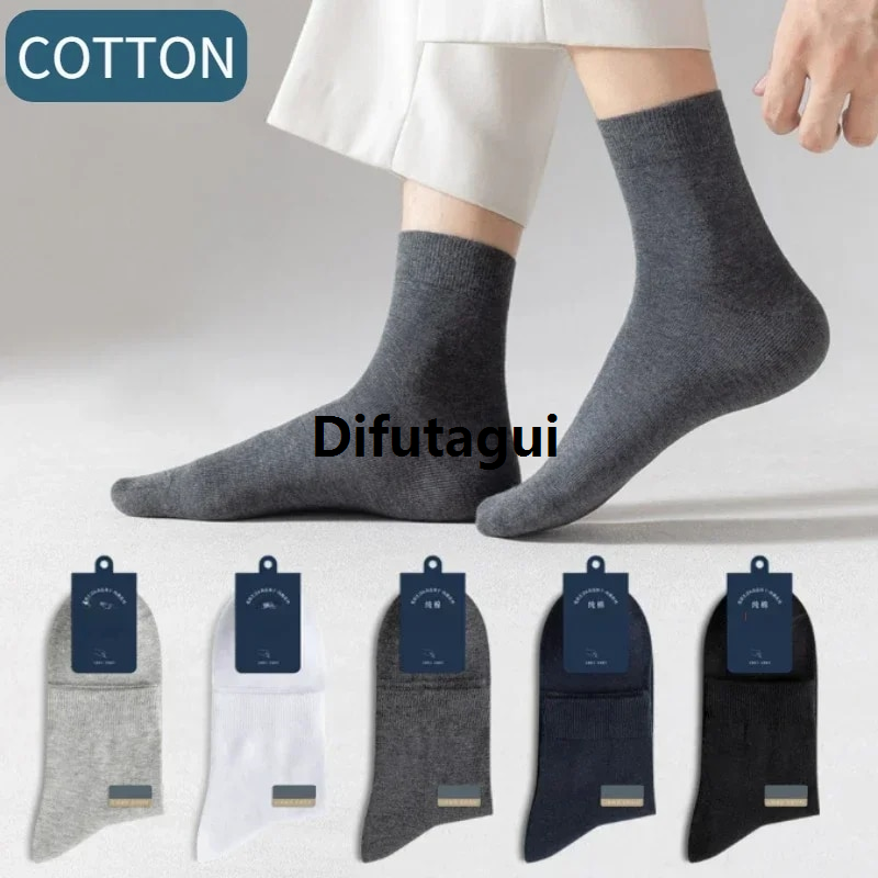 Difutagui New specials 5 Pair Men's 98% Pure Cotton Socks Anti-bacterial Soft Business New style Breathable Casual Dress Long Socks For Male Winter Summer Black