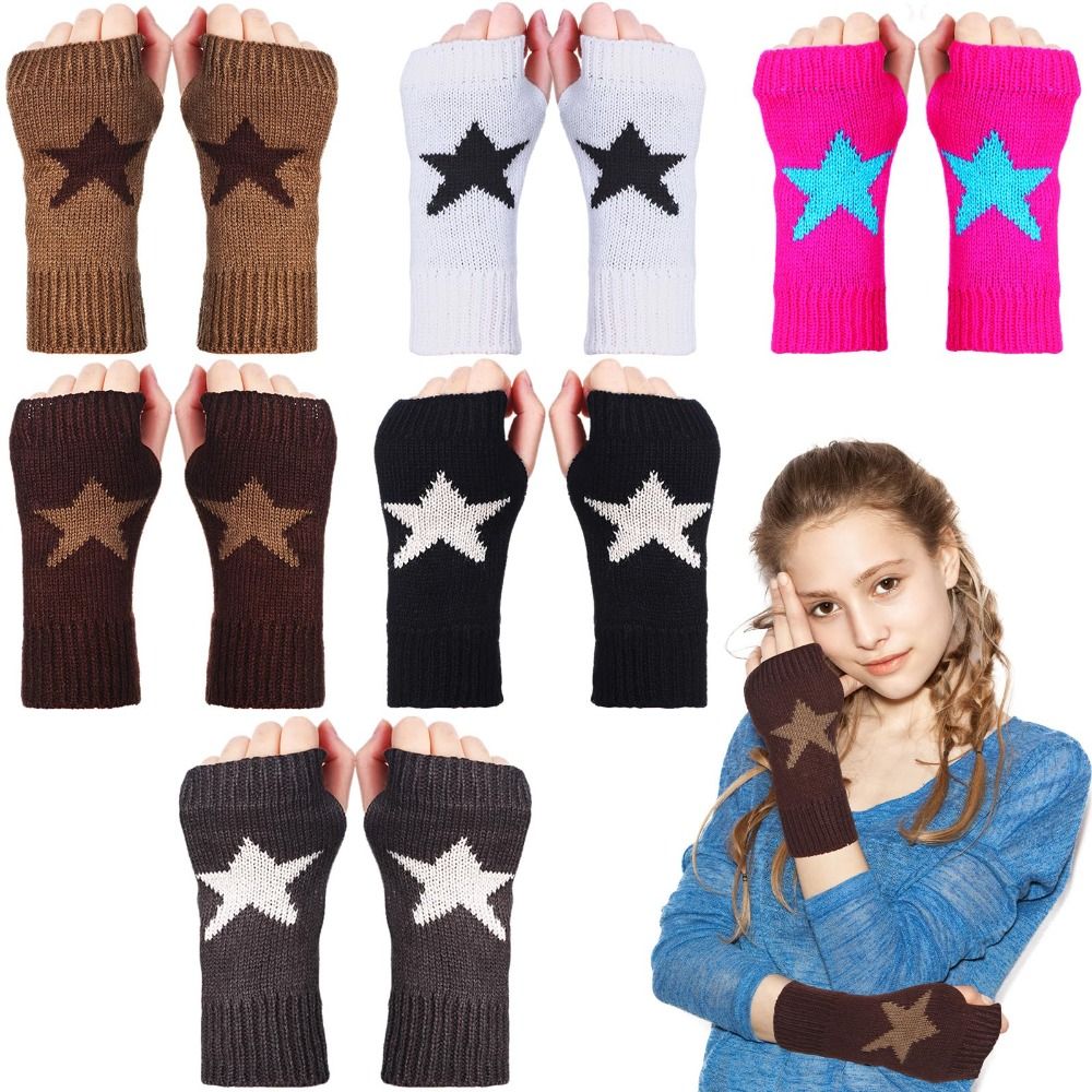 A Pair Trendy Wrist Length Y2K Star Gloves Knitted Material Thermal Warmers Fingerless Gloves Children Mittens Y2K Style