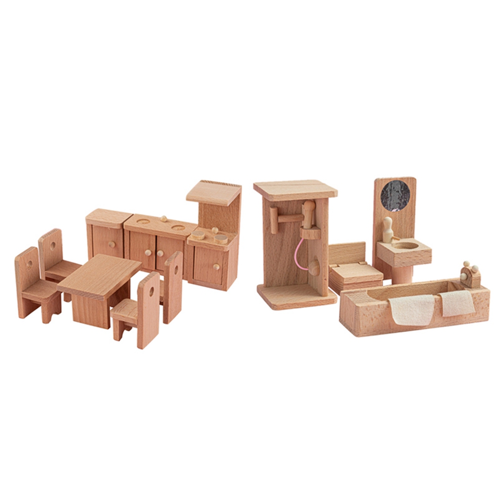 FORIDE 2 Set Wooden Furniture Toys Set,Pretend Role Toy Children'S Educational , Bathroom & Restaurant