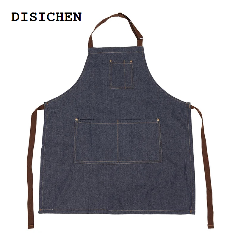 DISICHEN Luxury 1pc 100% Cotton Adults Denim Blue Cooking Kitchen Restaurant Work Bib Apron Dress with Pocket 71*65cm