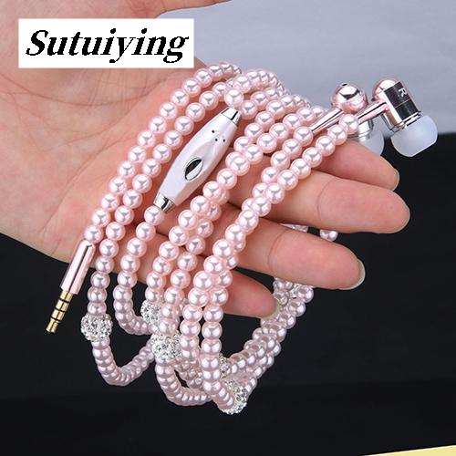 Sutuiying 【Exclusive Offer】Women Fashion Faux Pearl Necklace Original Headset Line Universal Ear Wired Stereo Headset