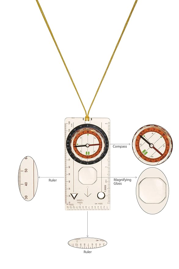Multifunction Compass - Liquid Filled Outdoor Navigation, Camping with Small Magnifying Lens Scales and Ruler for map Reading