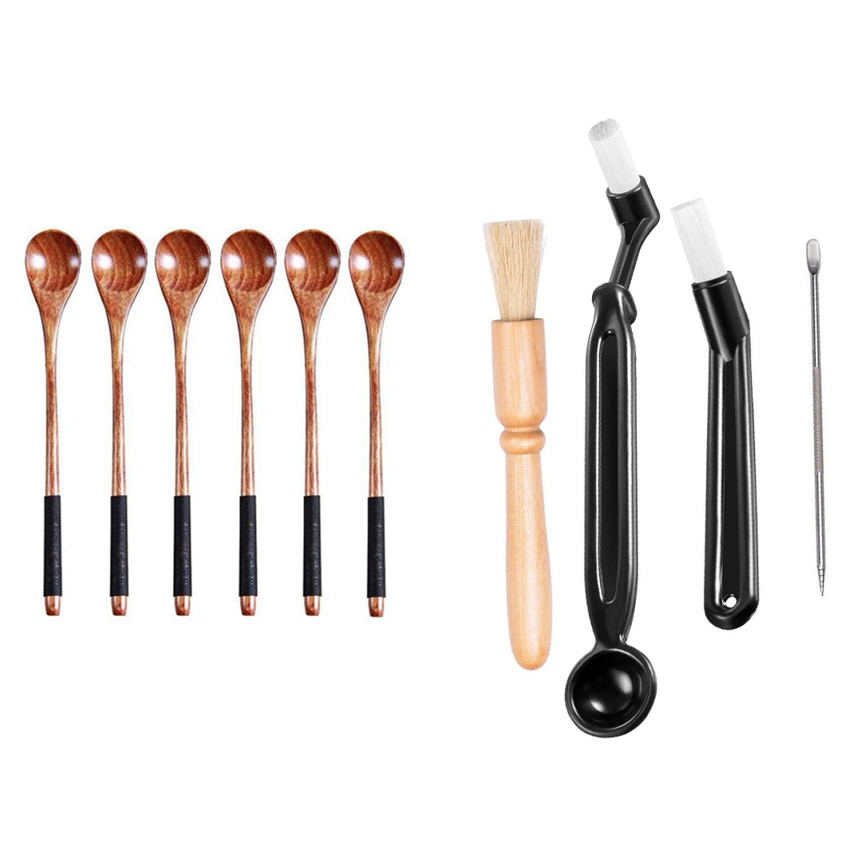 NAMUNY 6Pcs Long Handled Wooden Spoons Mixing Spoon Wood Tableware & 4Pcs Coffee Machine Cleaning Set Coffee Grinder Brush
