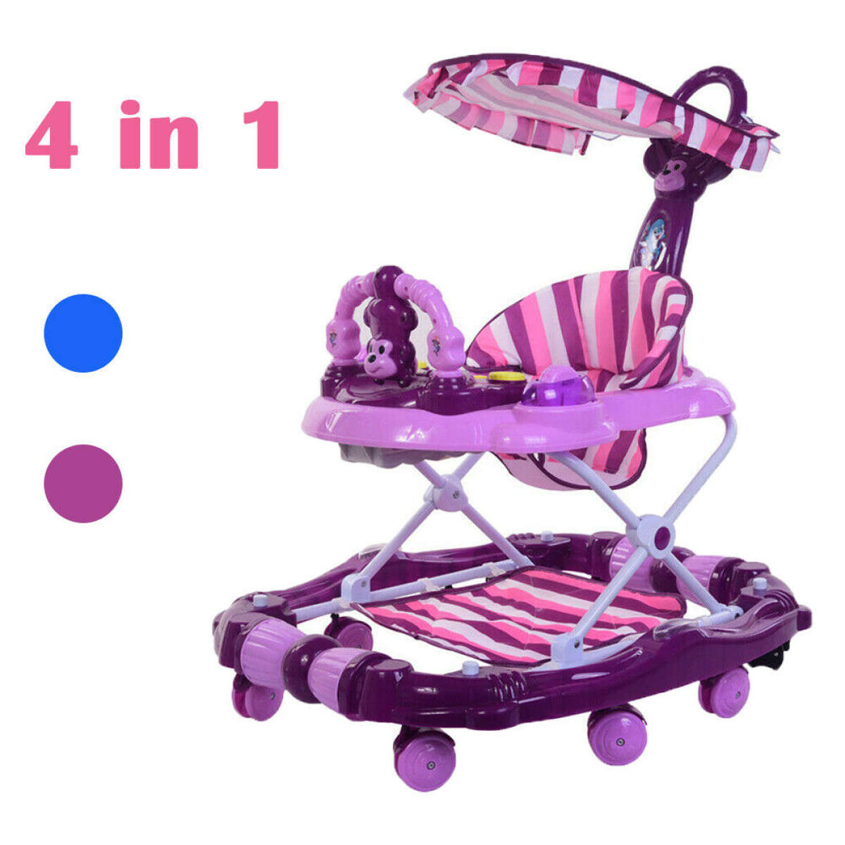 4 In 1 Baby Walker First Steps Push Along Bouncer Activity Musical Rocking Horse(Color May Vary)