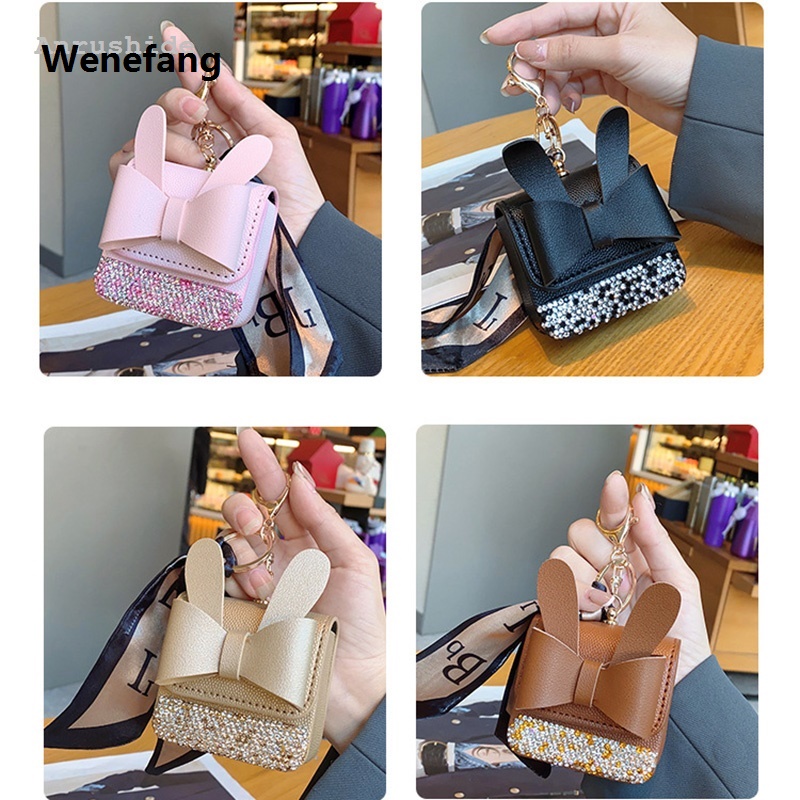 Wenefang Anrushide Fashion inlaid rabbit ears mini bag PU headphone bag For Airpods 2025 New 4 Pro 2 3 2and1Case universal Portable coin purse with keychain