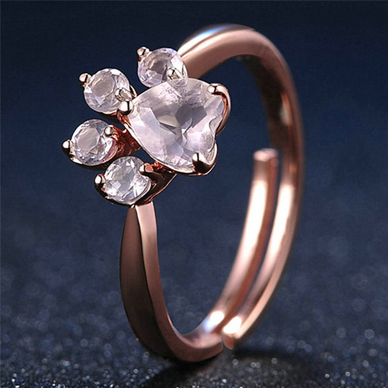 【Qian poem li Store】1Pc Cute Bear Paw Cat Adjustable Ring Rose Gold Rings For Wo Romantic Wedding Pink Crystal CZ Love Gifts Jewelry
