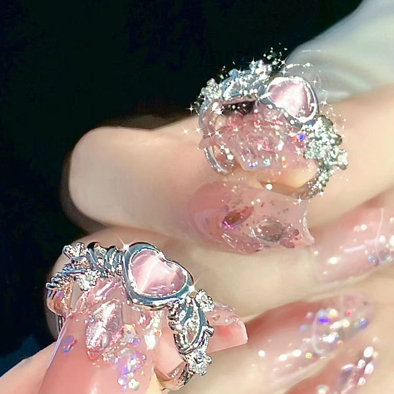 【Mega Sale】Niche Design Pink Love Imitation Cat's Eye Zircon Ring Women's Sweet Cool Style Elegant All-match Ring