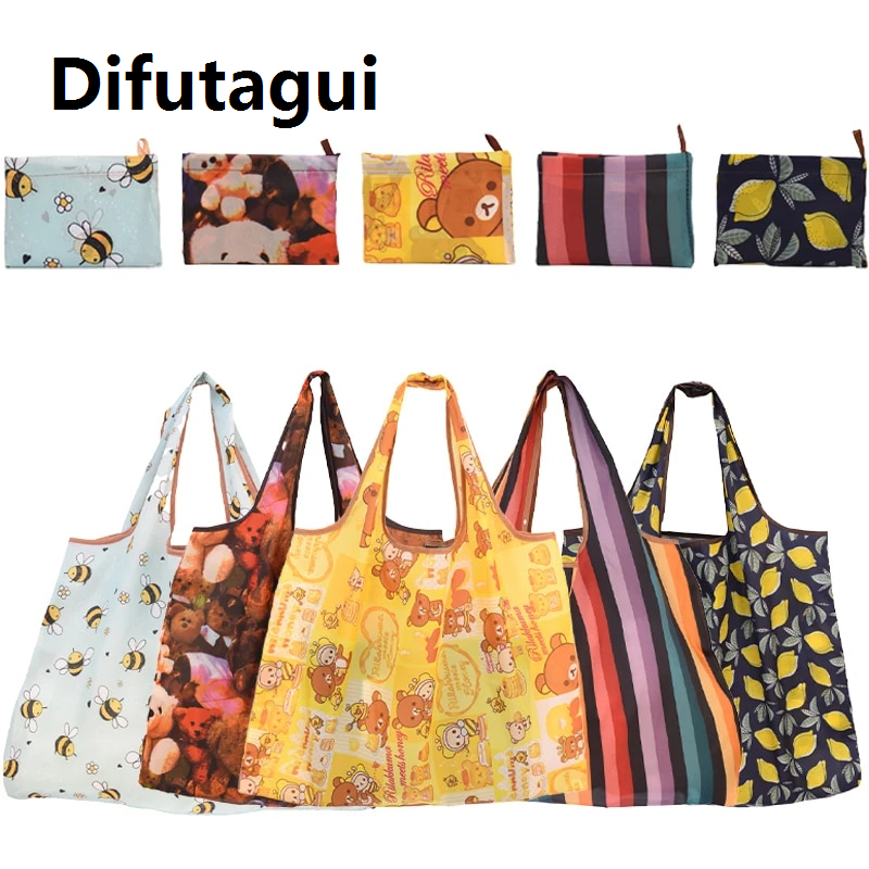 Sutuiying transparent bag Foldable Bee Bear Cat Flower Pattern Large Shopping Bag Washable Reusable Easy to Carry Capacity Handbags