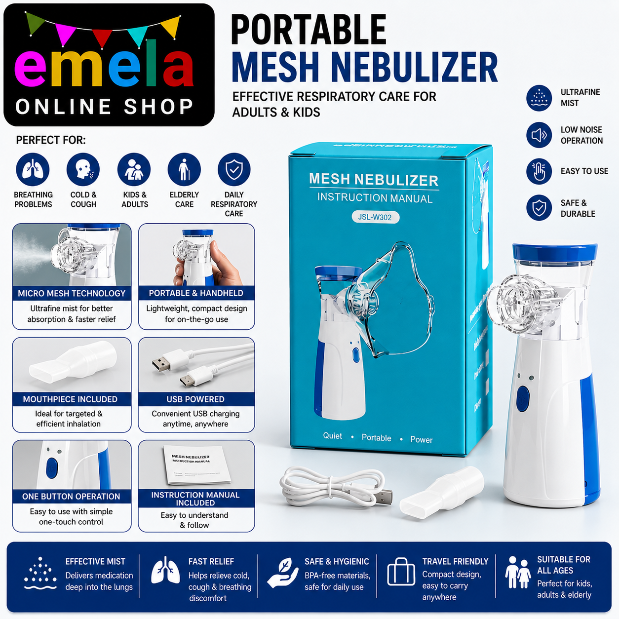 Portable Mesh Nebulizer for Adults & Kids, Handheld Nebulizer Machine with 2 Masks, 1 Mouth piece & Usb, Cool Mist Inhailer for Cold & Cough, Breathing Problems - (White)