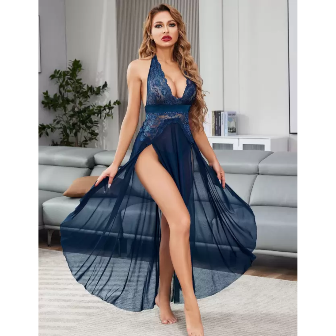Elegant Lace Halter Neck Chemise with Sheer Mesh Gown, V-Neck Nightwear Lingerie