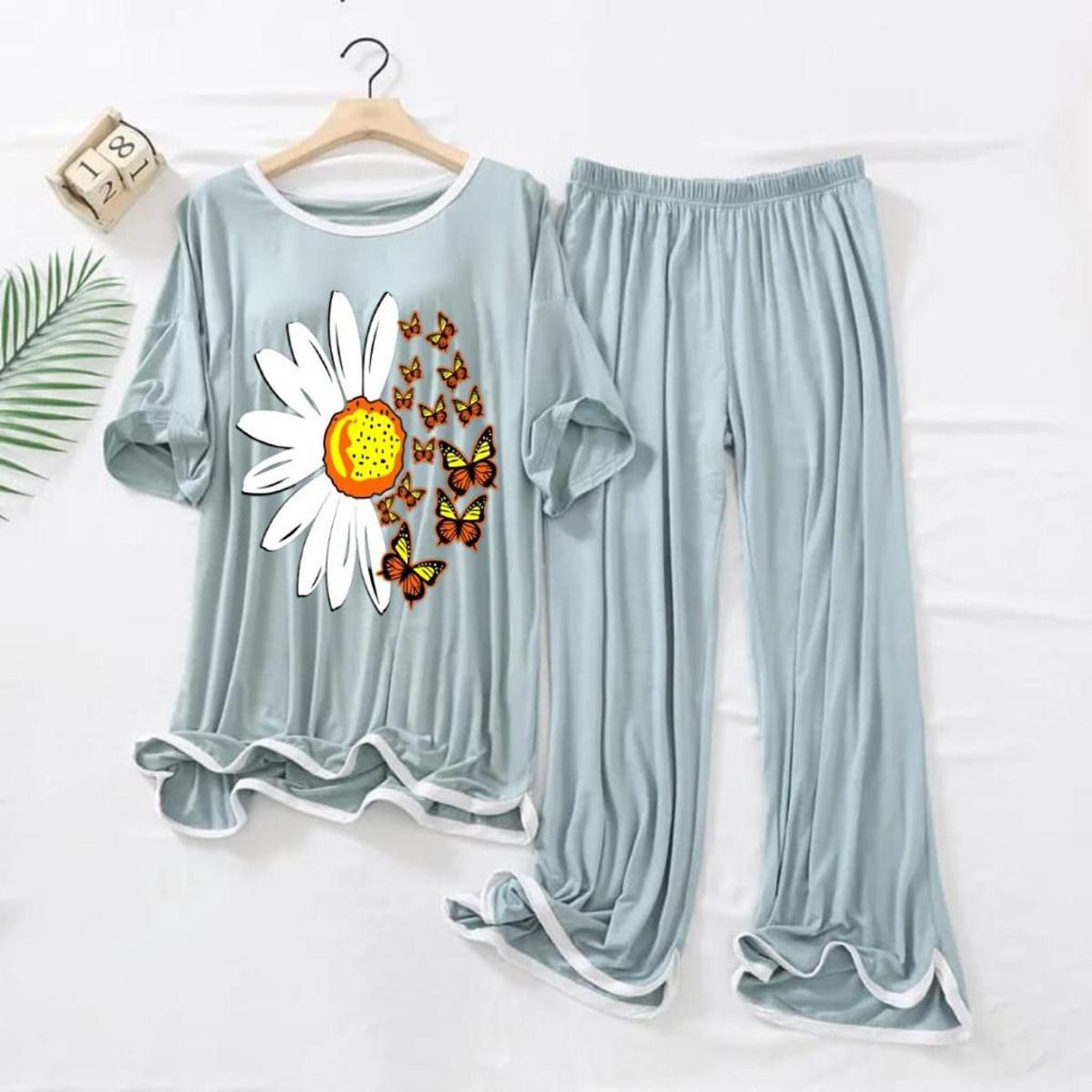 Flower with Butterflies Pack of 2 piece lounge wear for Women Printed Night Suit Design Stylish Half Sleeves Round Neck T-Shirt and Pajama Night Suit For Women